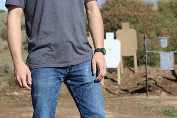 Model wearing Dominate Defense Concealed Carry Belt